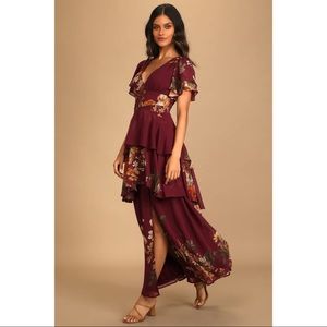 Lulus Midnight Mood Burgundy Floral Print Tiered Maxi Dress Small